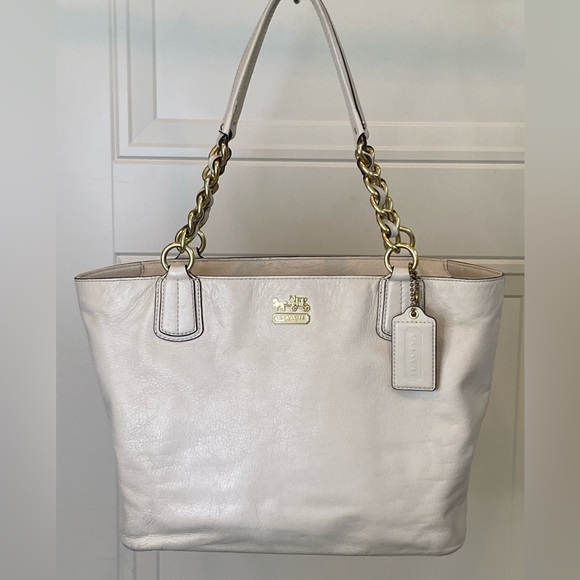 Coach Handbags - Coach Ivory Leather Tote with Gold Chain and Leather Straps Retail Style 20466
